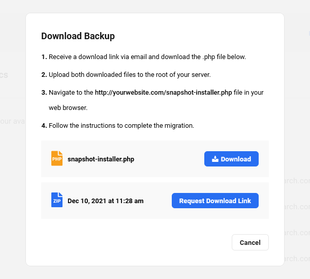 Download a Snapshot backup from your Account page