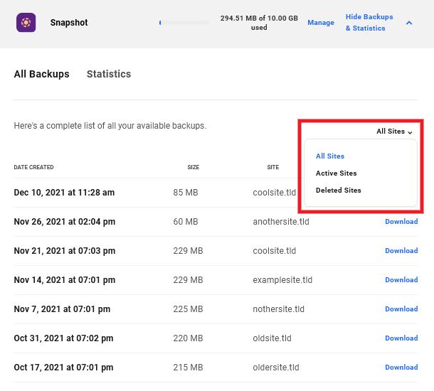 View Snapshot backups on your Account page