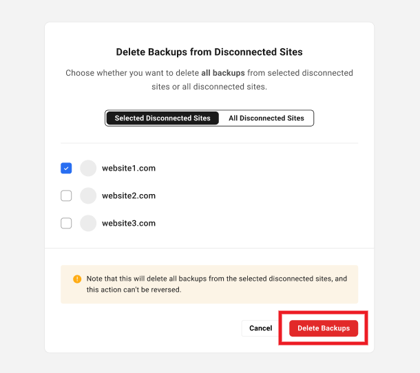 Delete backups from selected sites