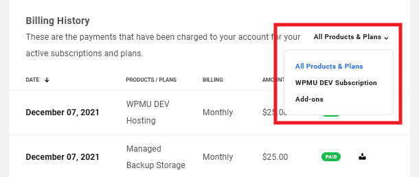 Filter the billing history shown on your Account page