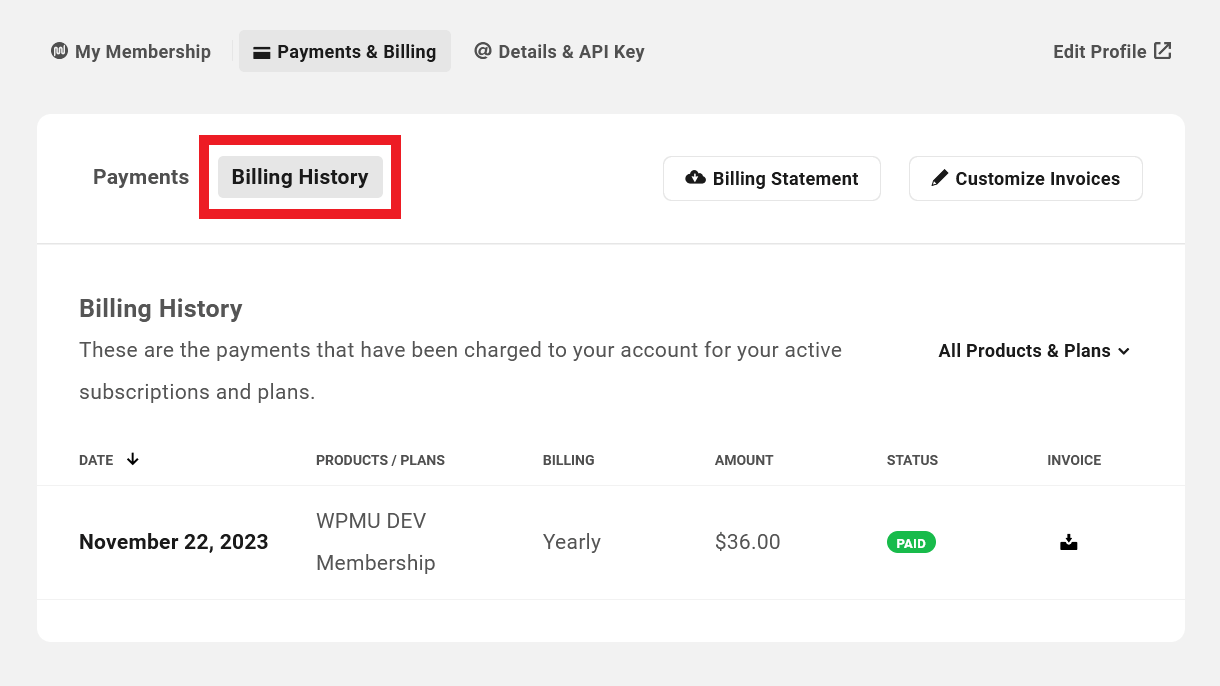 Billing history in your WPMU DEV account