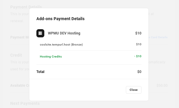 Addons payment info shown on your Account page