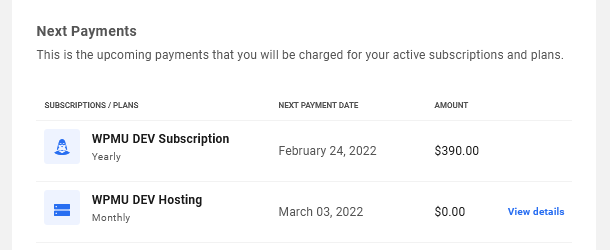 Next payment info shown on your Account page