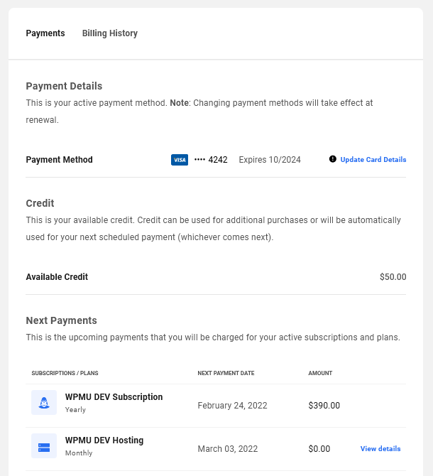 Billing details in your WPMU DEV account