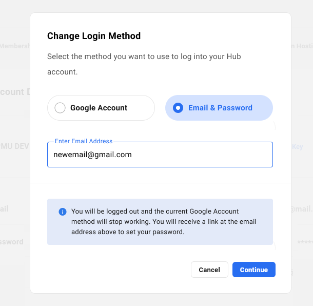 Select email and password as WPMU DEV login method