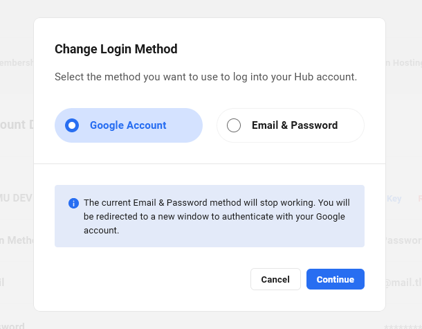 Select Google account as WPMU DEV login method
