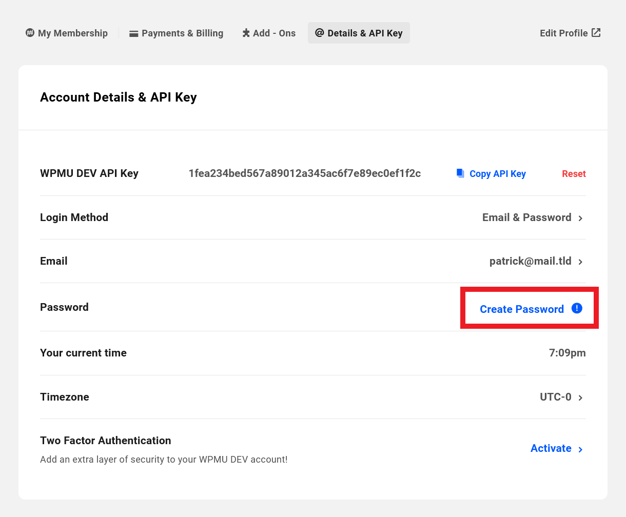 Create a WPMU DEV account password in the Hub