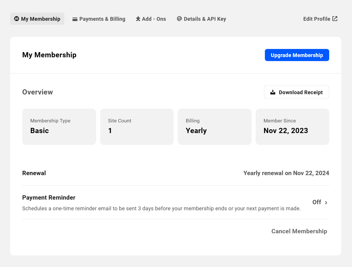My Membership screen on the Hub Account page
