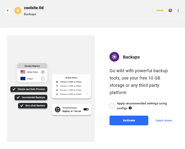 Hub Backups activate screen