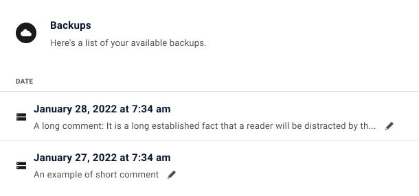 Comments added to backups created in the Hub