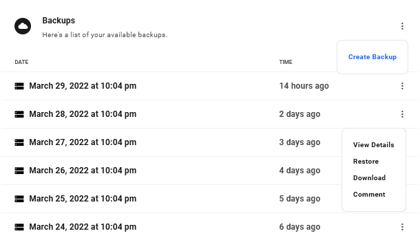 Hub available backups list