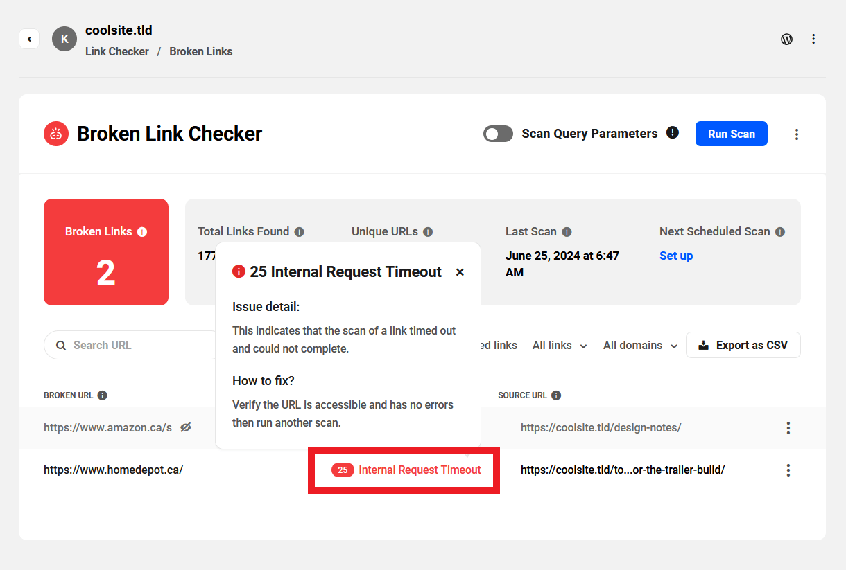 Broken link status information