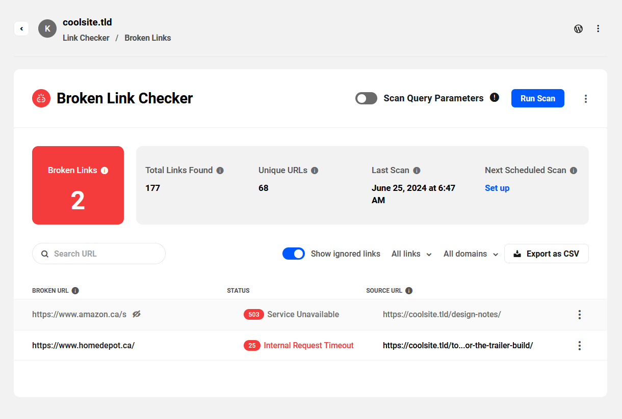 BLC scan completed in the Hub with broken links found