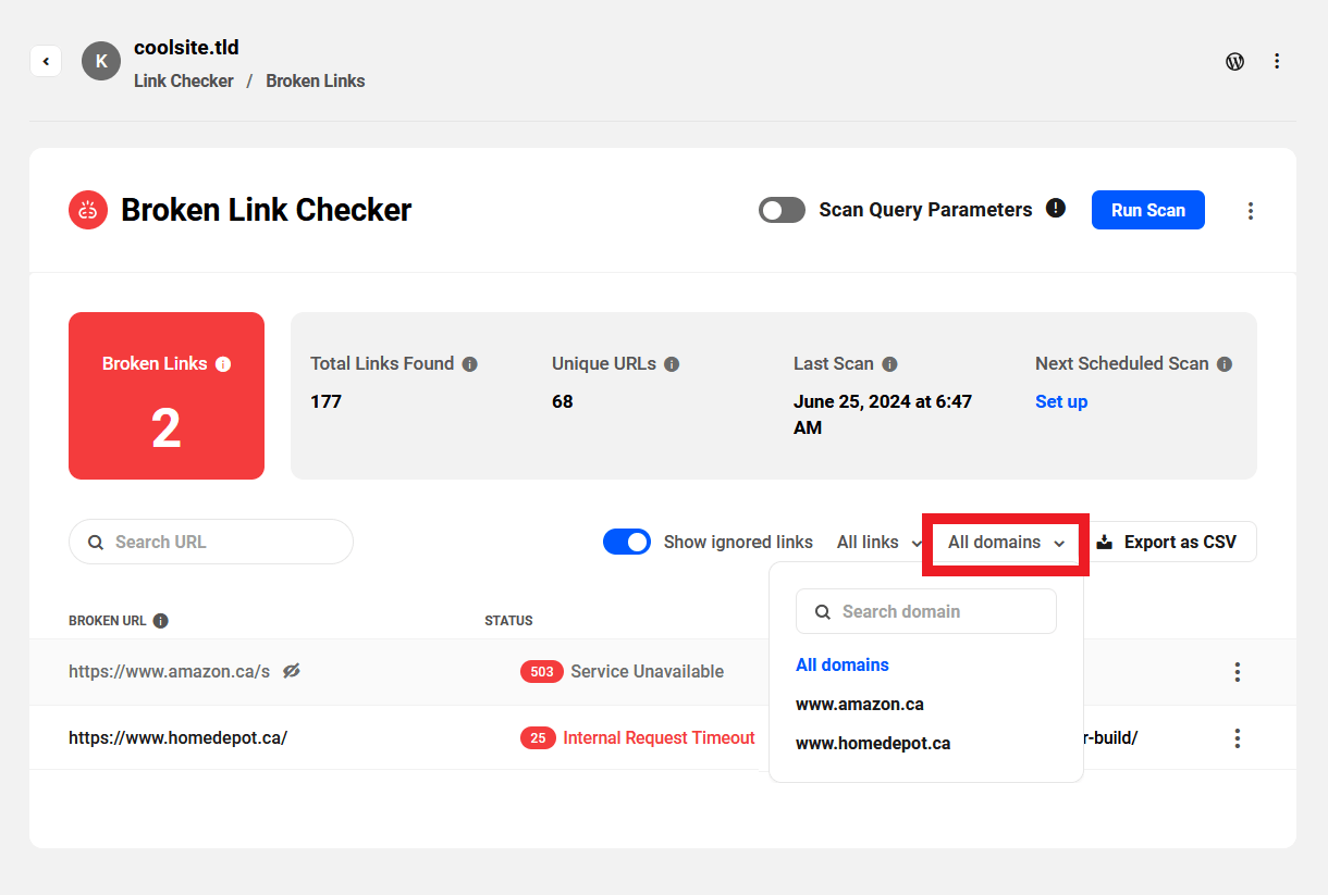 Filter BLC scan results by domain