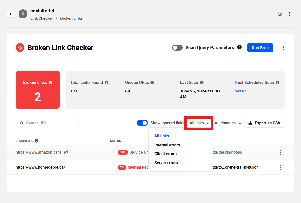 Filter BLC scan results by status