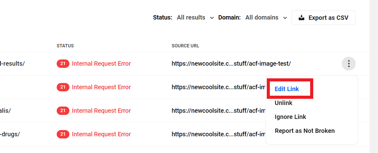Allows the user to update broken links found by the scan