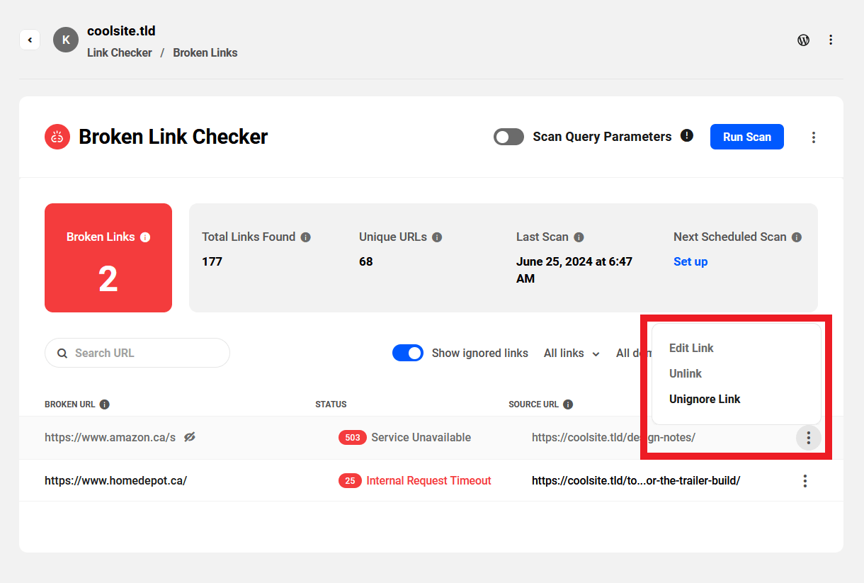 Broken link management options