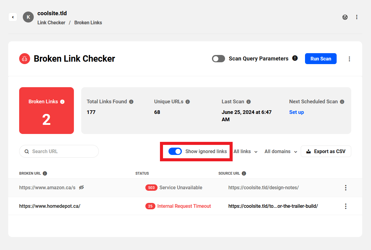 Show ignored links in scan results