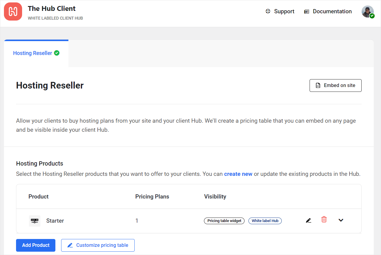 Hub Client: Hosting Reseller Products Table