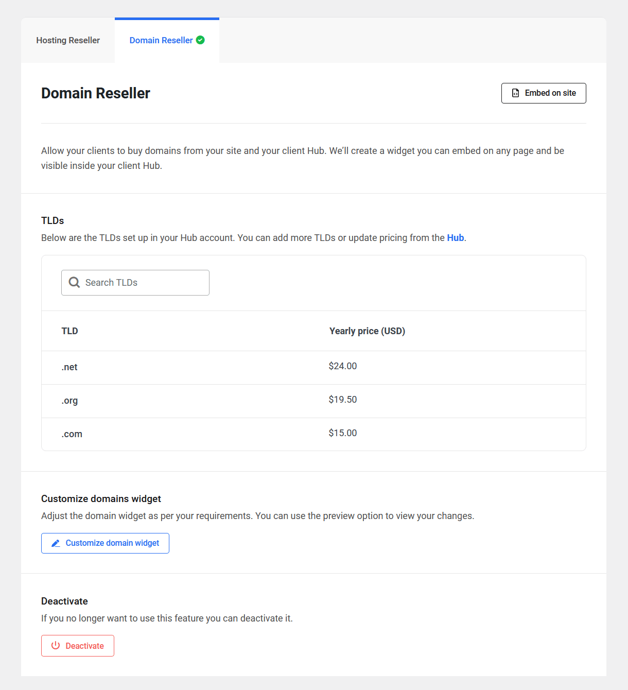 List of Domains Reseller products added in the Hub