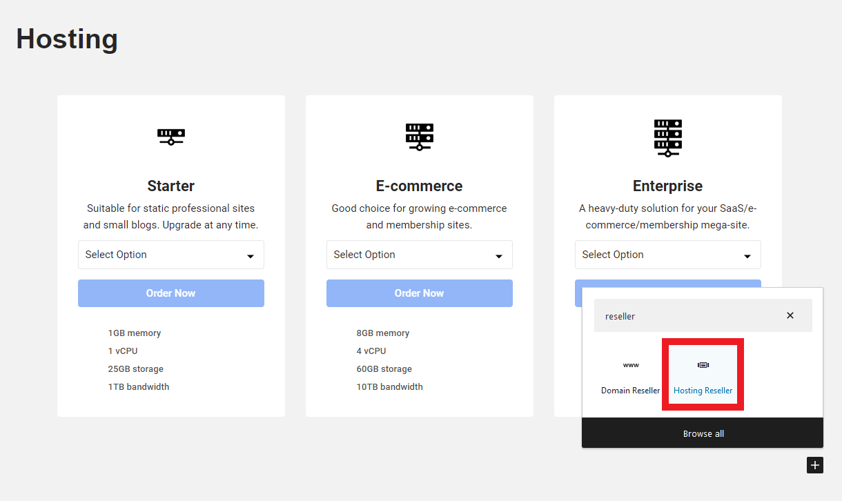 Gutenberg block to embed the Hosting Reseller pricing table