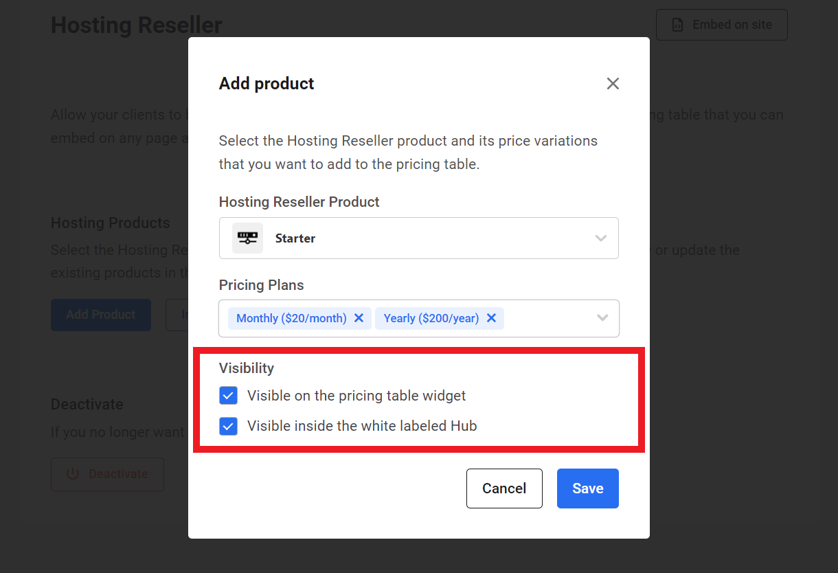 Set the visibility of a Hosting Reseller product added in the Hub Client