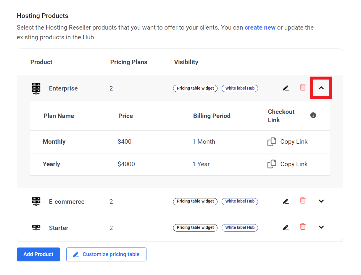 View details of a Hosting Reseller product in the Hub