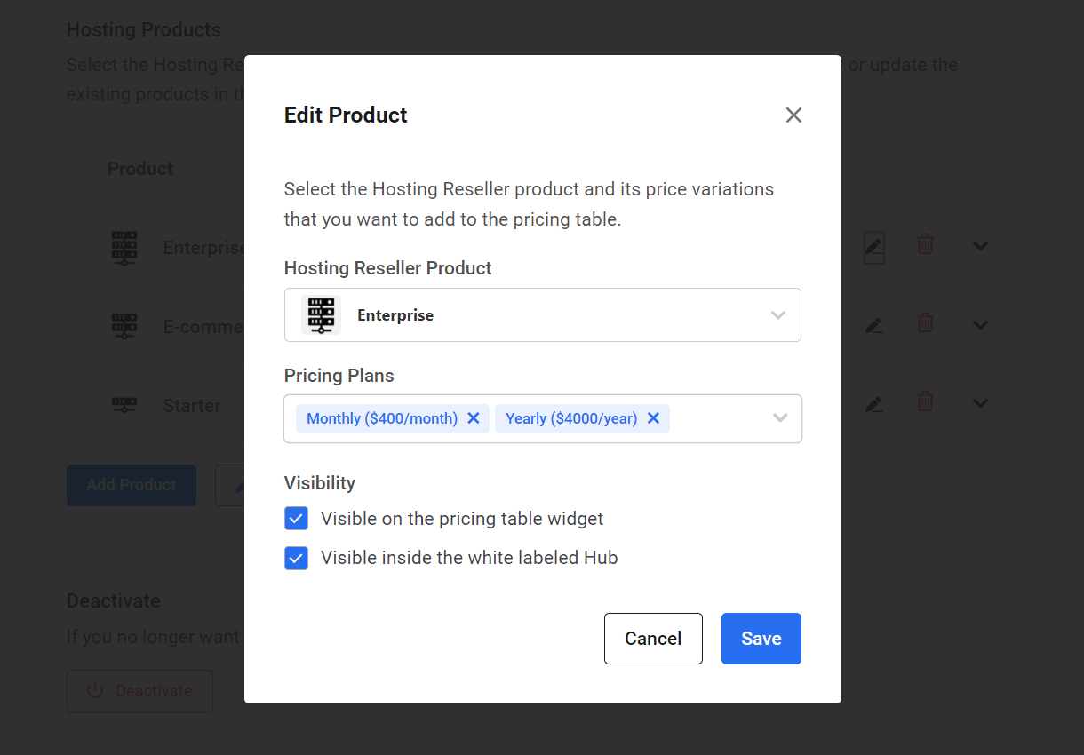 Edit a Hosting Reseller product in the Hub
