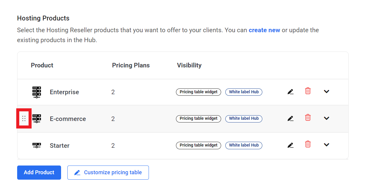 Reorder Hosting Reseller products in the Hub