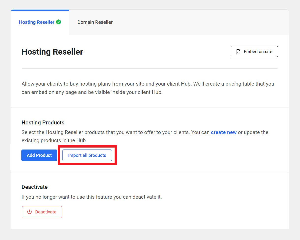 Import all Hosting Resellers products to the Hub Client