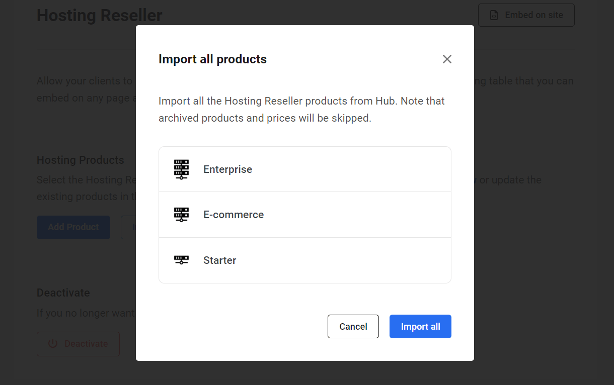 Import all Hosting Resellers products to the Hub Client