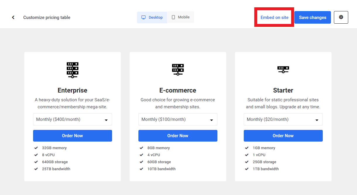 Embed the Hosting Reseller pricing table in the Hub