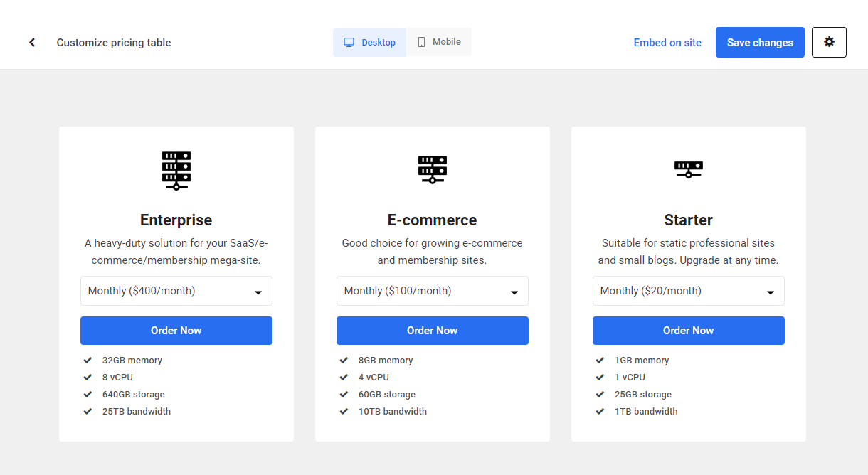 Preview the Hosting Reseller pricing table in the Hub