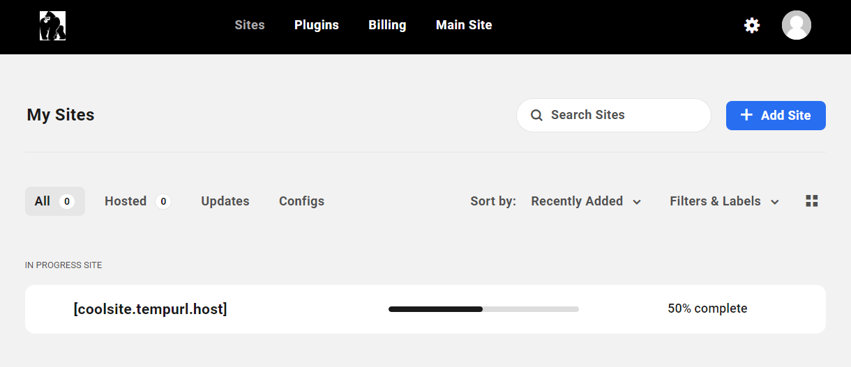Site creation progress for a new hosting site in the Client Portal