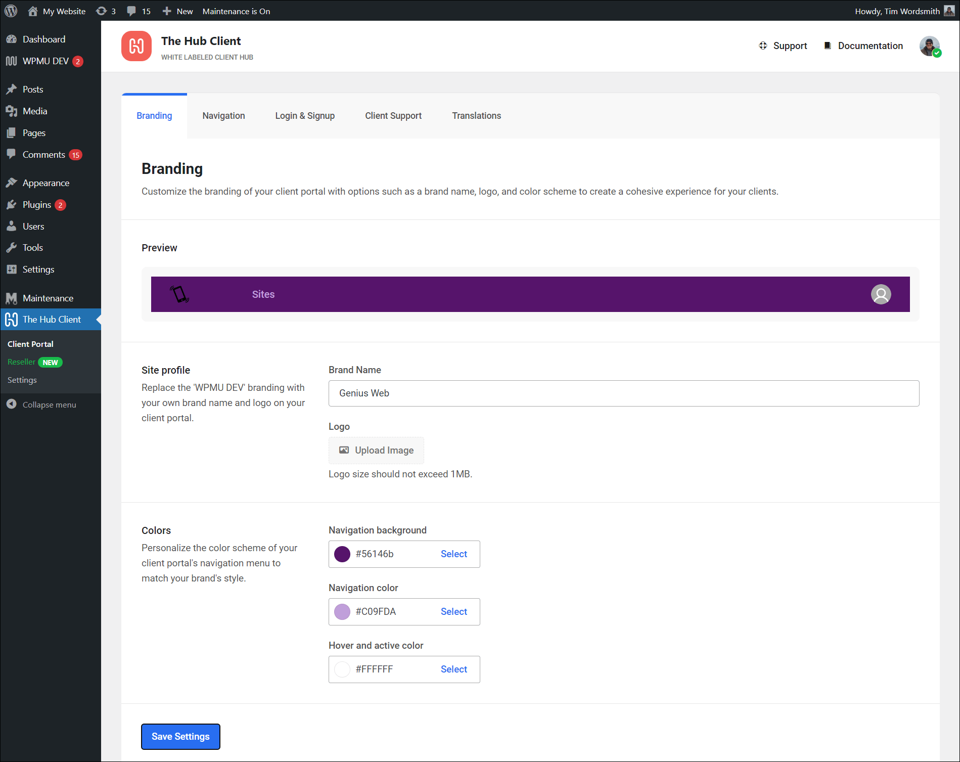 The Hub Client screen.