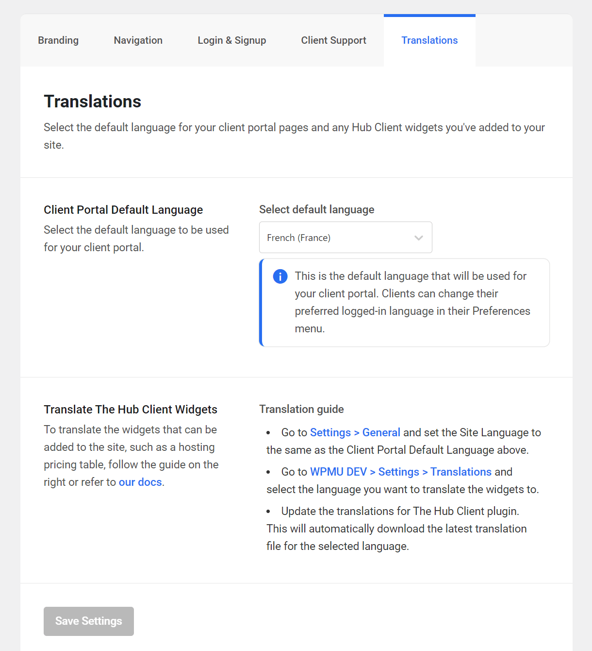 Translation settings in the Hub Client