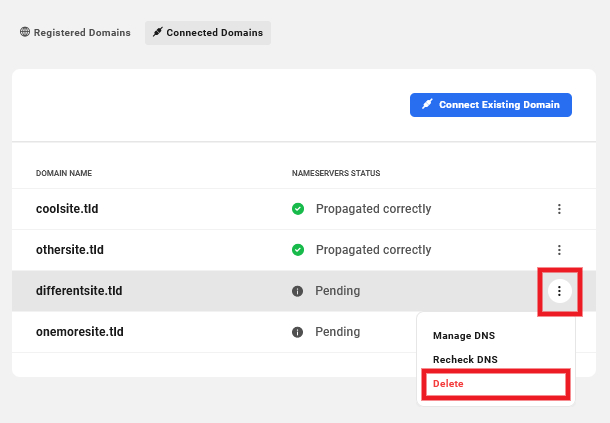 Allows the team member to delete connected domains from the Hub.