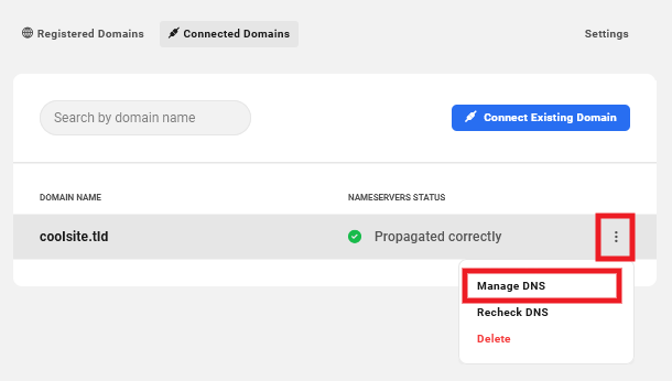 Manage DNS option for connected domains