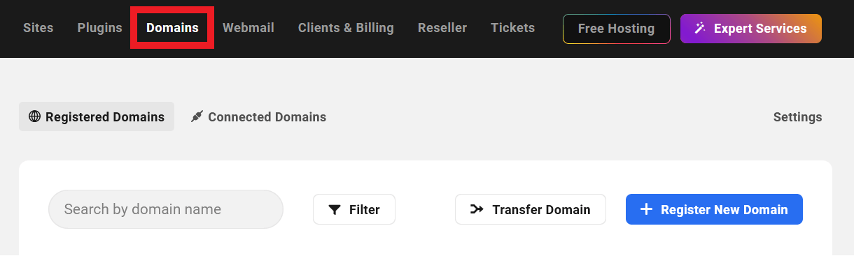 Domains menu location in the Hub