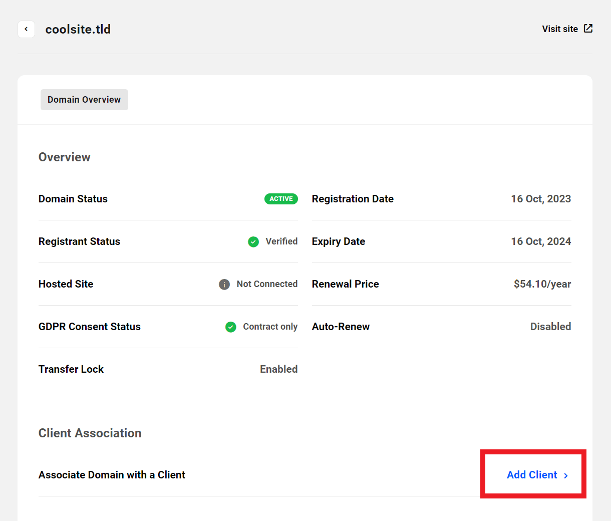 Update client associated with a domain in the Hub