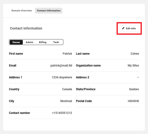Allows a user to edit all info under the Contact Information tab of registered domains