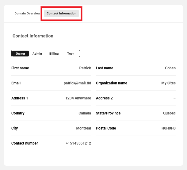 Allows a user view-only access to the Contact Information tab for registered domains