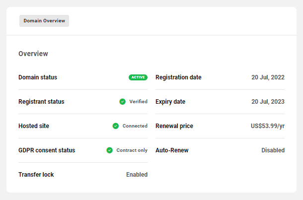 Allows the team member to view basic details of registered domains.
