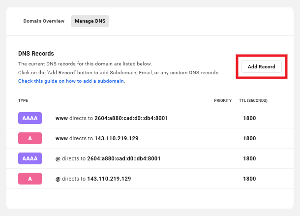 Allows the user to add DNS records to registered domains