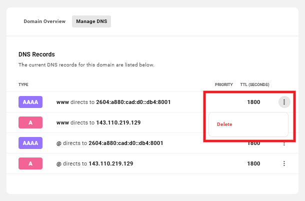 Allows the user to delete DNS records of registered domains