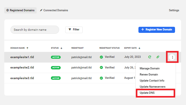 Update DNS option for registered domains