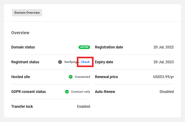 Allows a user to check the registrant status of registered domains