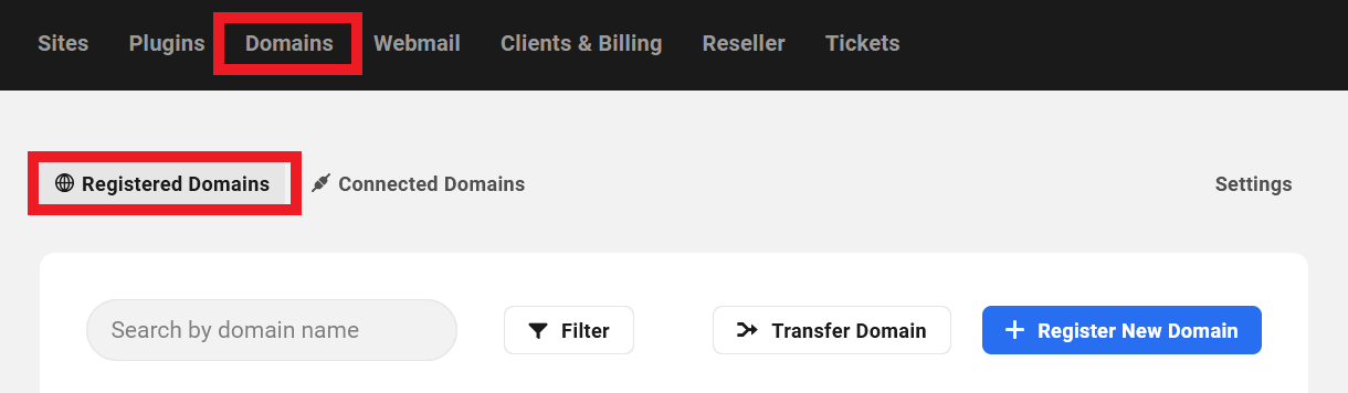 Allows the user to access the Registered Domains area in the Domains manager