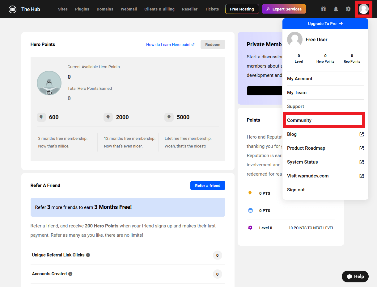 Community options as a free Hub user