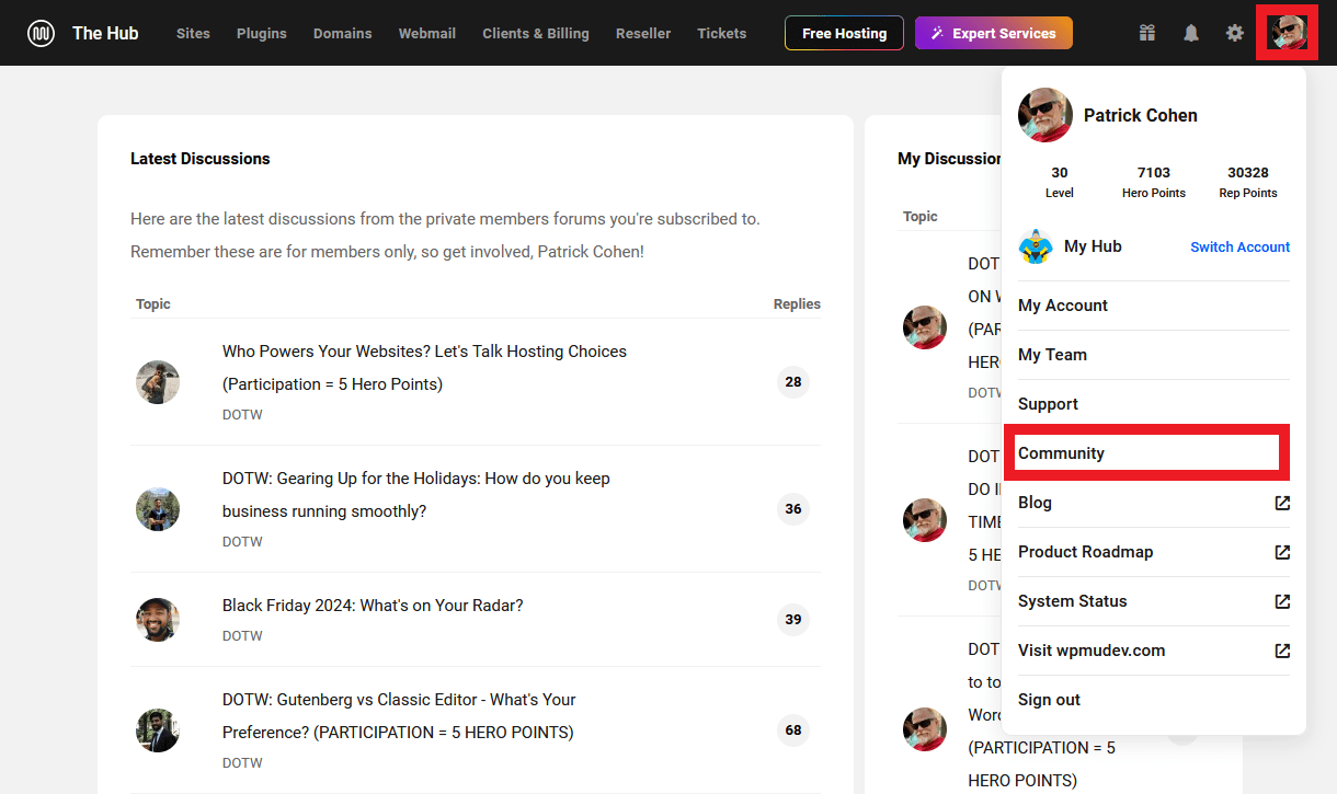 Access the Community page in the Hub